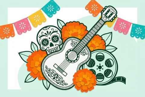 Guitarra mexicana, calavera con flores y bobina de cine, inspiradas en Coco
