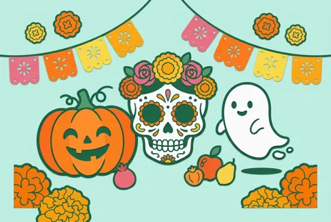 Catrina con corona de flores, calabaza sonriente y fantasma bajo guirnaldas de colores