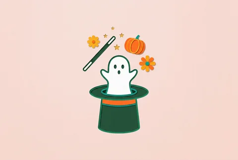 Fantasma simpático saliendo de una chistera, con varita, estrellas y calabaza