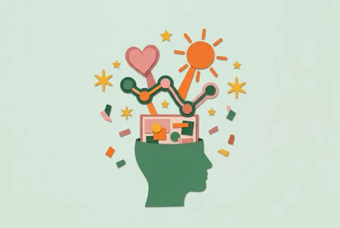 Perfil de una cabeza con un collage, un corazón, un sol e ideas conectadas
