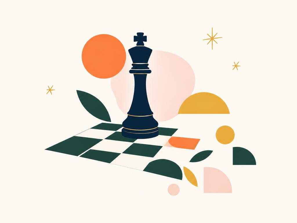 Ilustración minimalista de una pieza de rey sobre un tablero de ajedrez