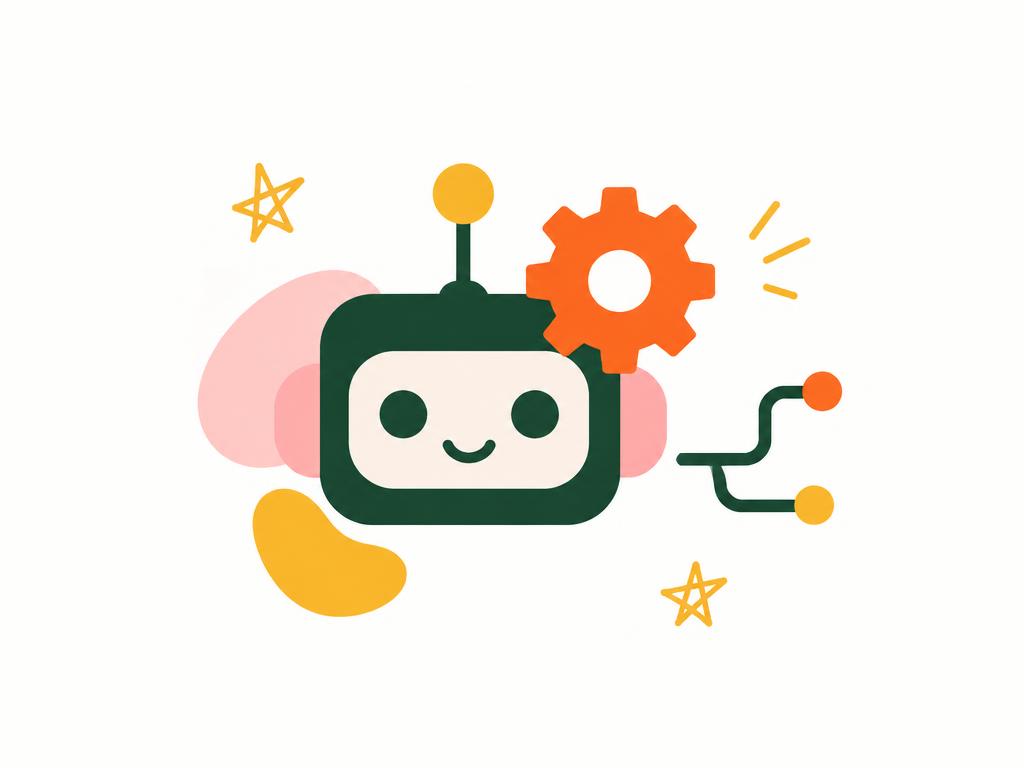 Ilustración minimalista de un robot geométrico y un engranaje