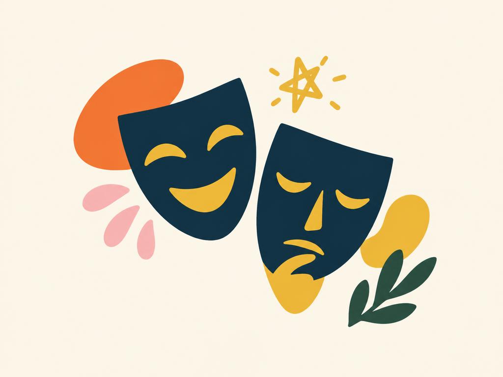 Ilustración minimalista de dos máscaras de teatro, una sonriente y otra pensativa